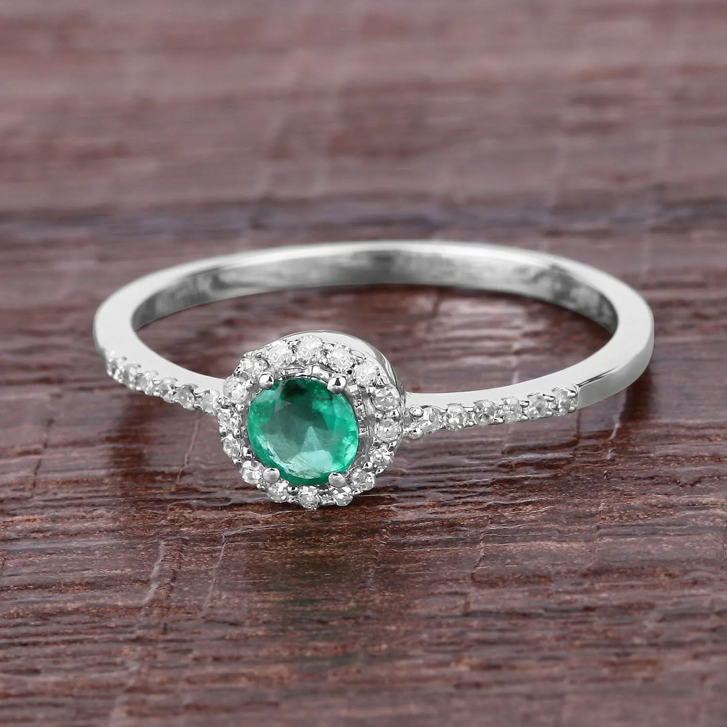 0.34 Carat Genuine Zambian Emerald and White Diamond 14K White Gold Ring