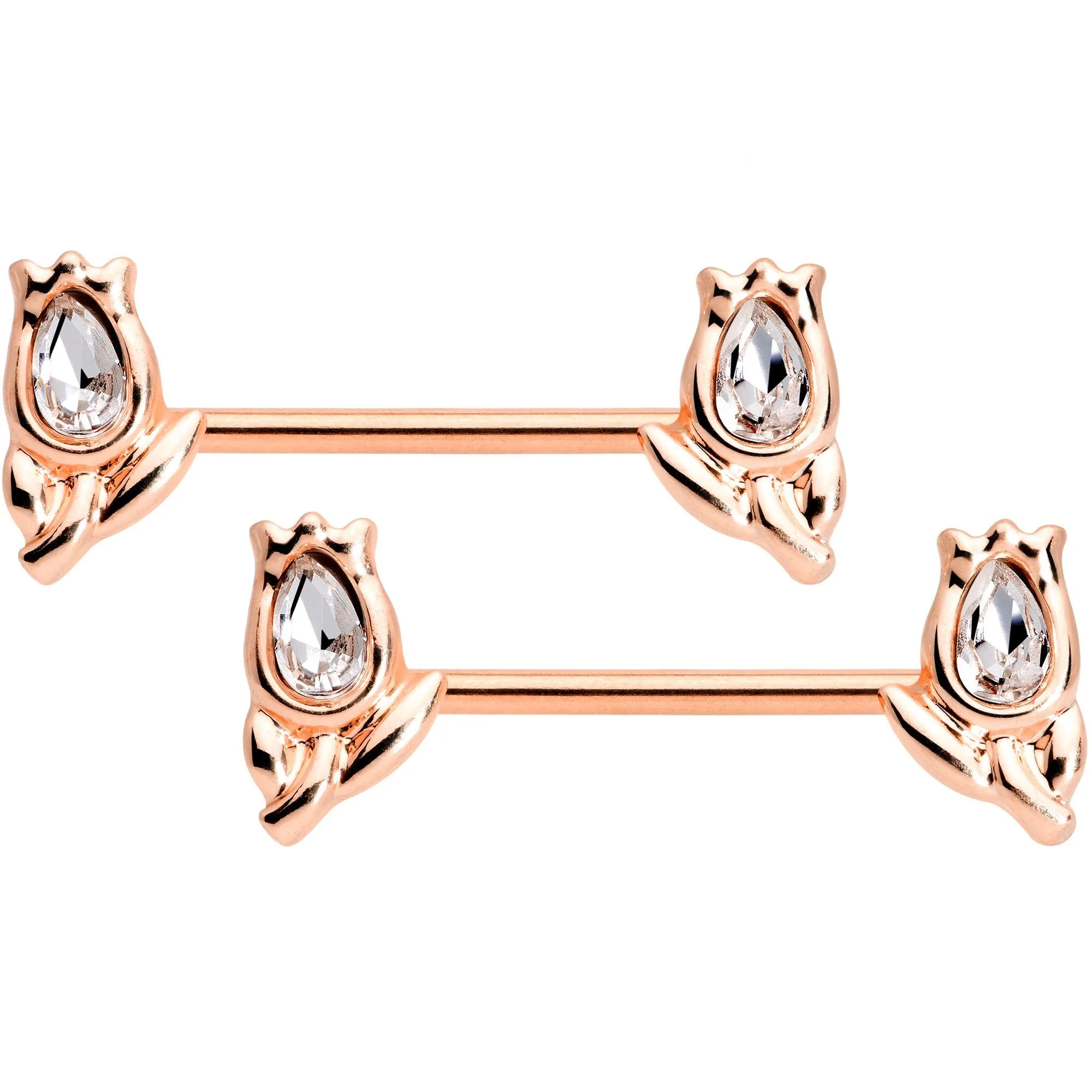 14 Gauge Clear Gem Rose Gold Tone Flowers BCR Barbell Nipple Ring Set