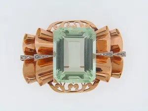 14K-RG GREEN BERYL AND DIAMOND BROOCH