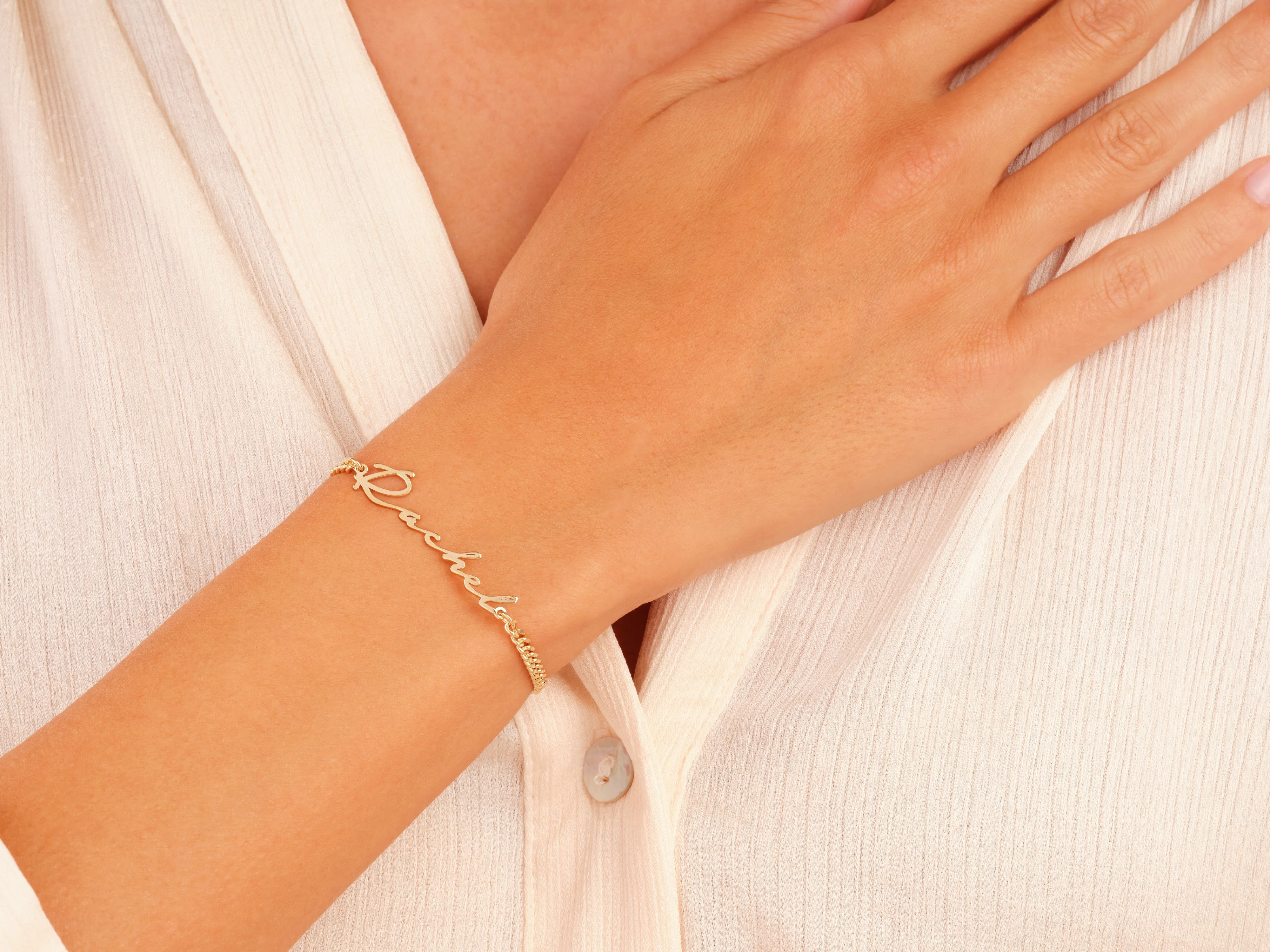 14k Solid Gold Cuban Chain Cursive Name Bracelet