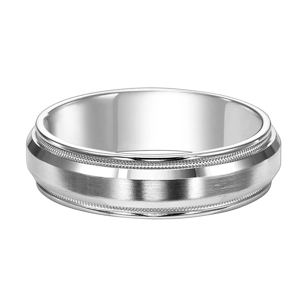 14k White Gold Brushed Raised Center Men's Wedding Ring with Milgrain Accents - 6mm - 8mm