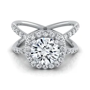 14K White Gold Round Brilliant Diamond Open Criss Cross French Pave Engagement Ring -1/2ctw