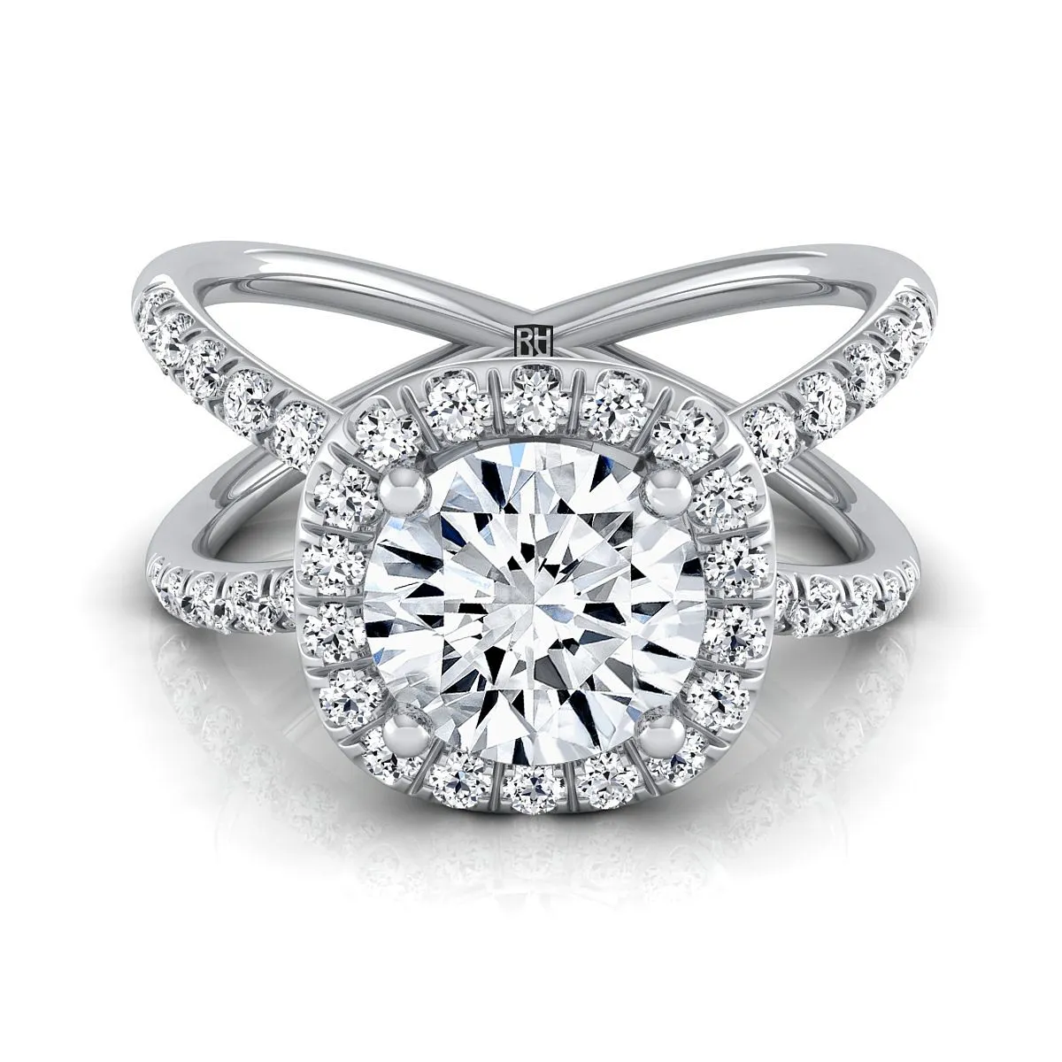 14K White Gold Round Brilliant Diamond Open Criss Cross French Pave Engagement Ring -1/2ctw