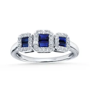 14K White Gold Sapphire Baguette And Diamond Halo Trinity Ring