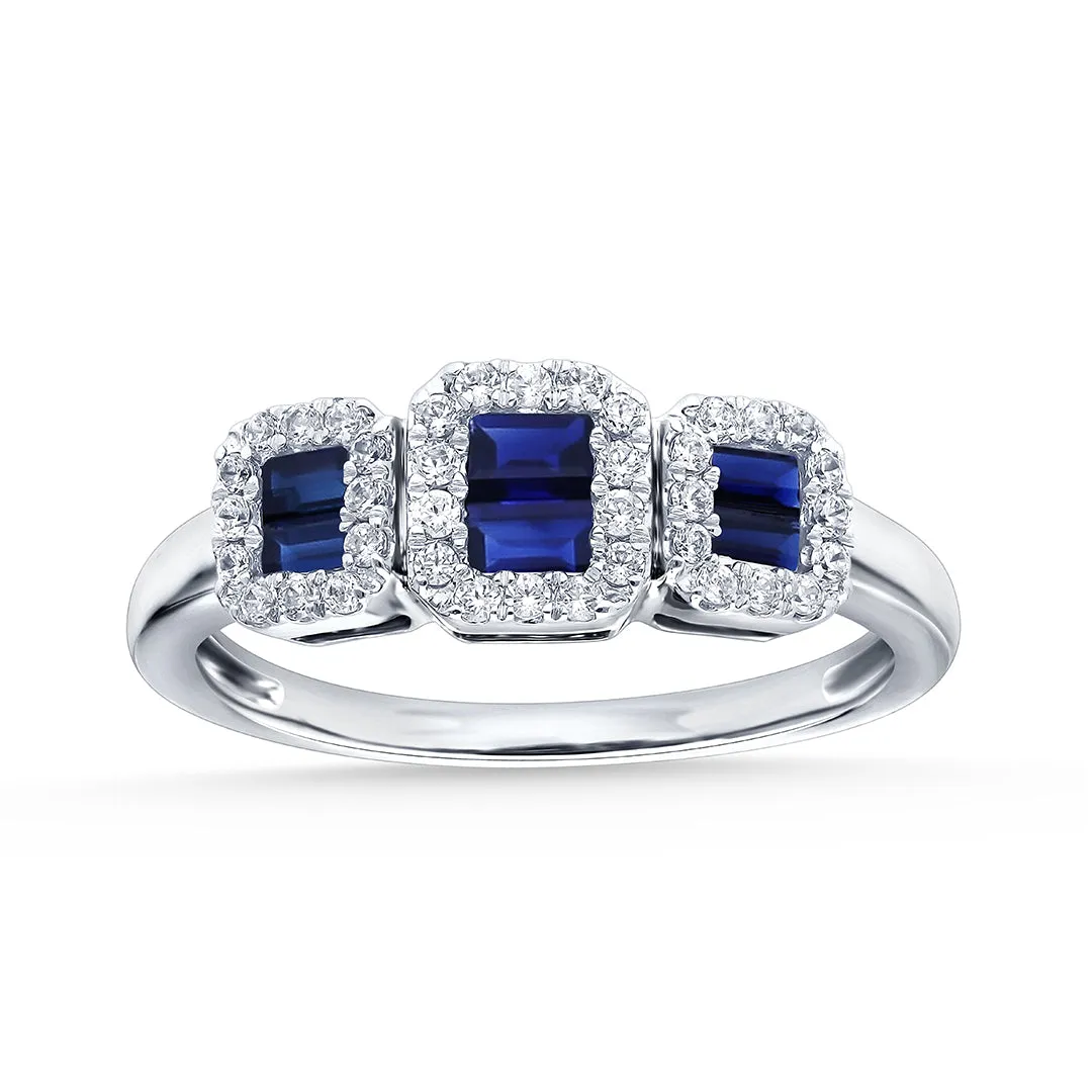 14K White Gold Sapphire Baguette And Diamond Halo Trinity Ring