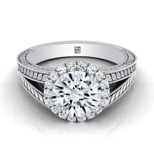 18K White Gold Round Brilliant Vintage Inspired Wheat Split Shank Diamond Halo Engagement Ring