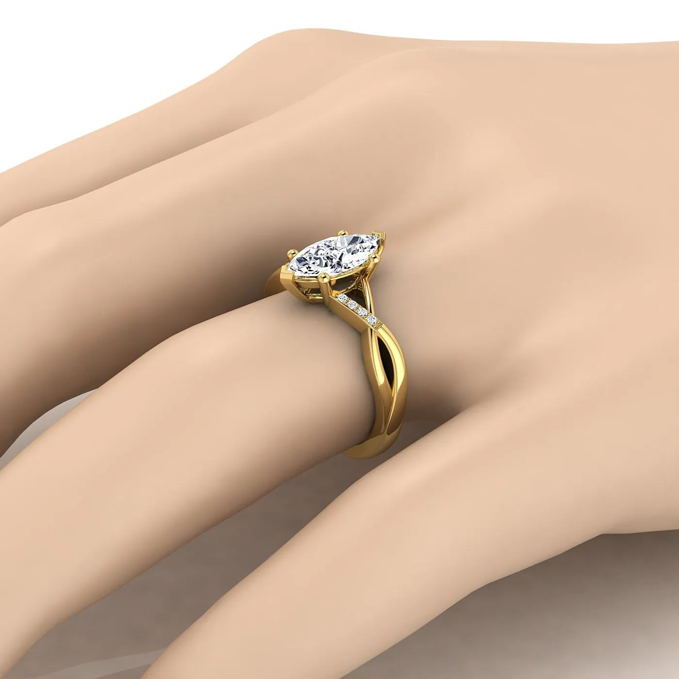 18K Yellow Gold Marquise  Diamond Criss Cross Twist Engagement Ring