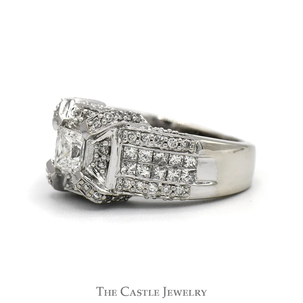 2cttw Princess Cut Diamond Ring with Diamond Halo and Diamond Accented Sides in 14k White Gold