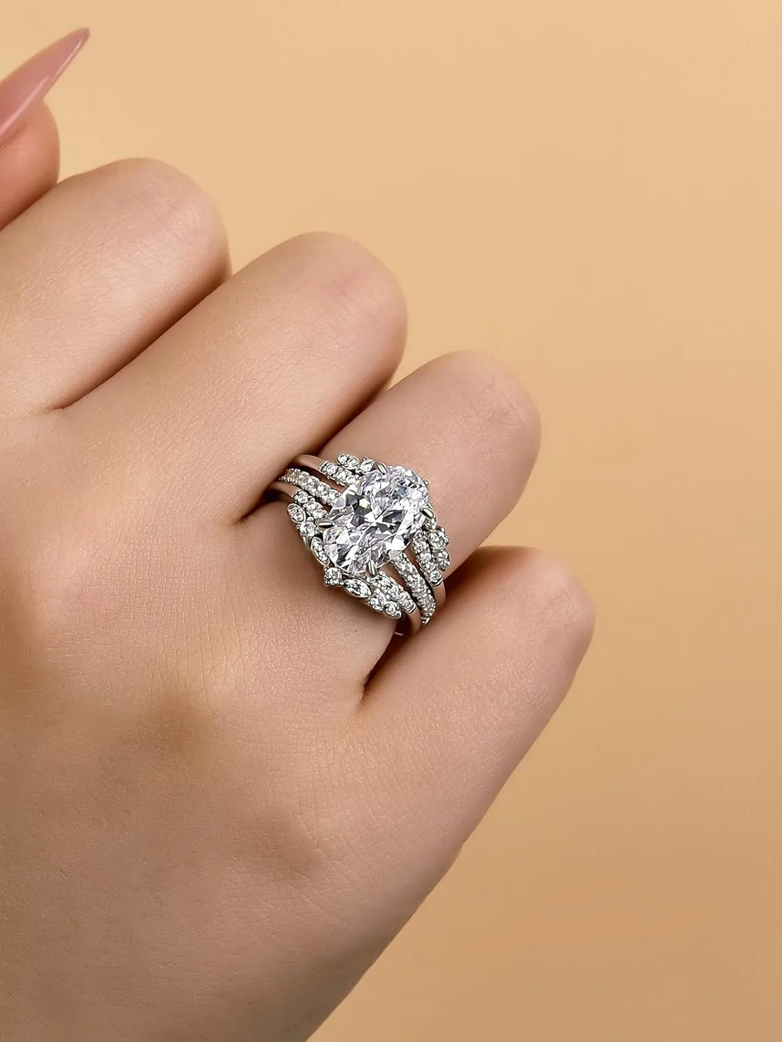 3.5 Carat Oval Cut Bridal Engagement Ring Set, Sterling Silver Insert CZ Wedding Rings Set, Elegant Engagement and Anniversary Rings for Women