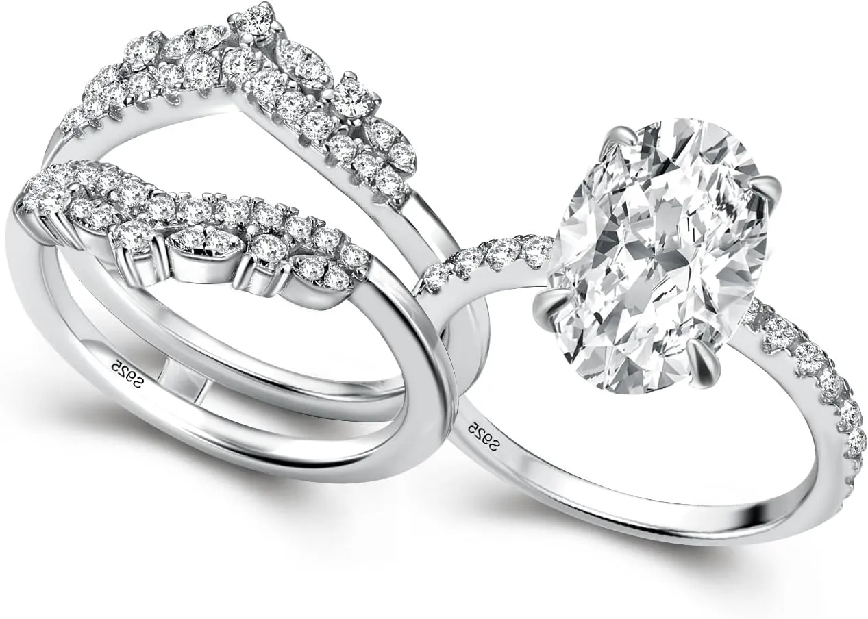 3.5 Carat Oval Cut Bridal Engagement Ring Set, Sterling Silver Insert CZ Wedding Rings Set, Elegant Engagement and Anniversary Rings for Women
