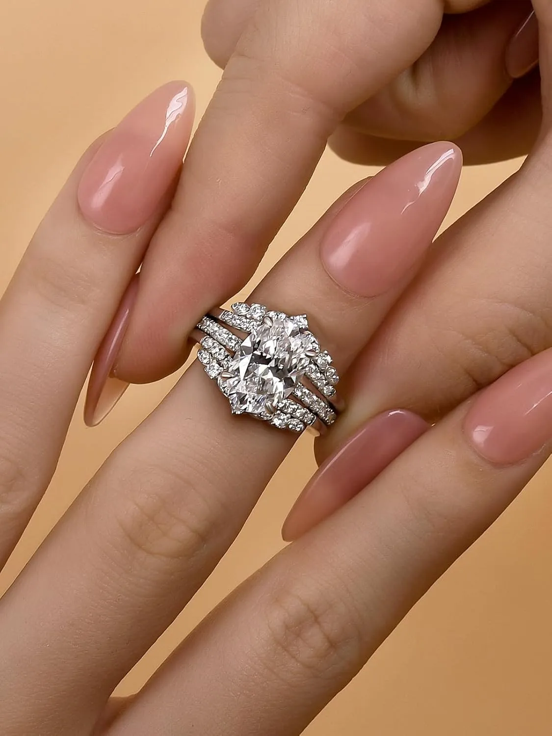 3.5 Carat Oval Cut Bridal Engagement Ring Set, Sterling Silver Insert CZ Wedding Rings Set, Elegant Engagement and Anniversary Rings for Women