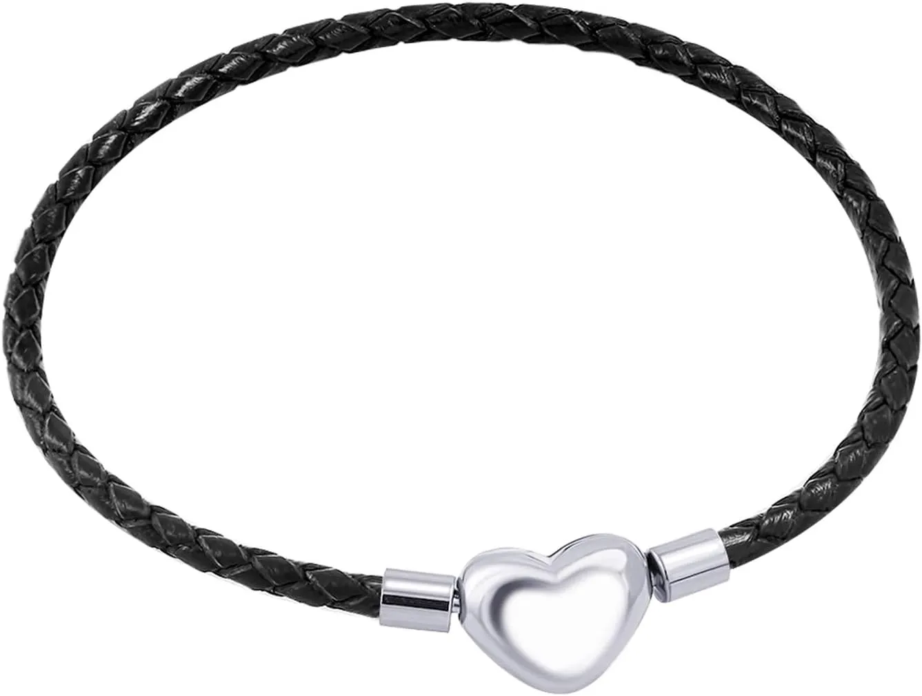 555Jewelry Braided Black Leather Heart Charm Bracelet Bangle for Women & Ladies