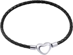 555Jewelry Braided Black Leather Heart Charm Bracelet Bangle for Women & Ladies