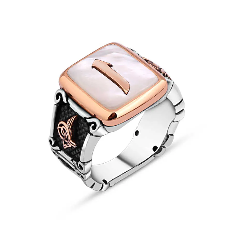 Alif Letter on White Square Mother of Pearl Stone Silver Men's Ring Siding Ottoman Tughra