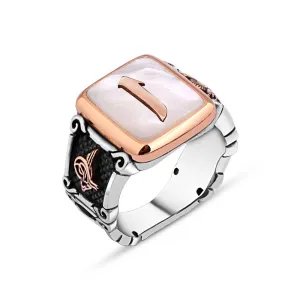 Alif Letter on White Square Mother of Pearl Stone Silver Men's Ring Siding Ottoman Tughra