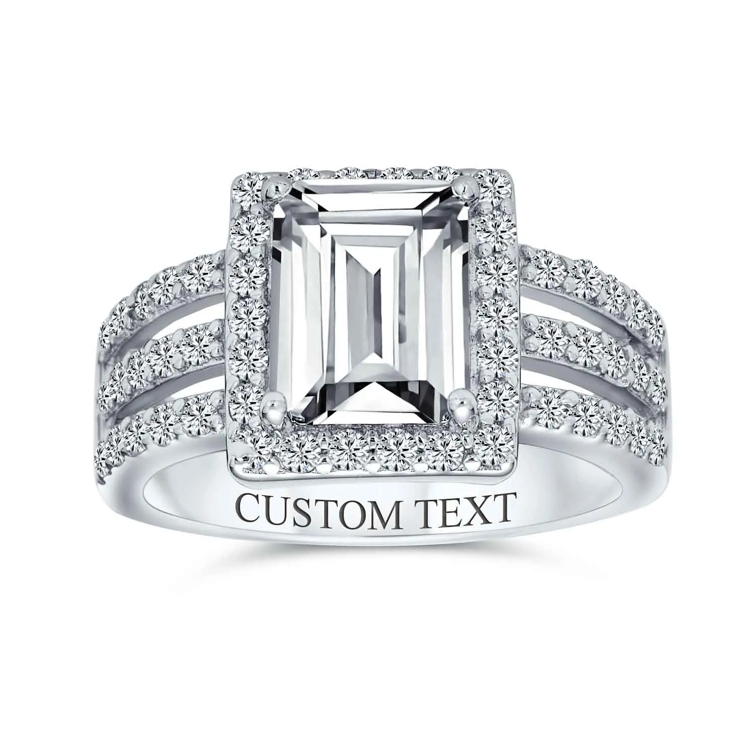 Art Deco 3CTW Emerald Cut Halo Engagement Ring, Sterling Silver Wide Band