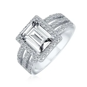 Art Deco 3CTW Emerald Cut Halo Engagement Ring, Sterling Silver Wide Band