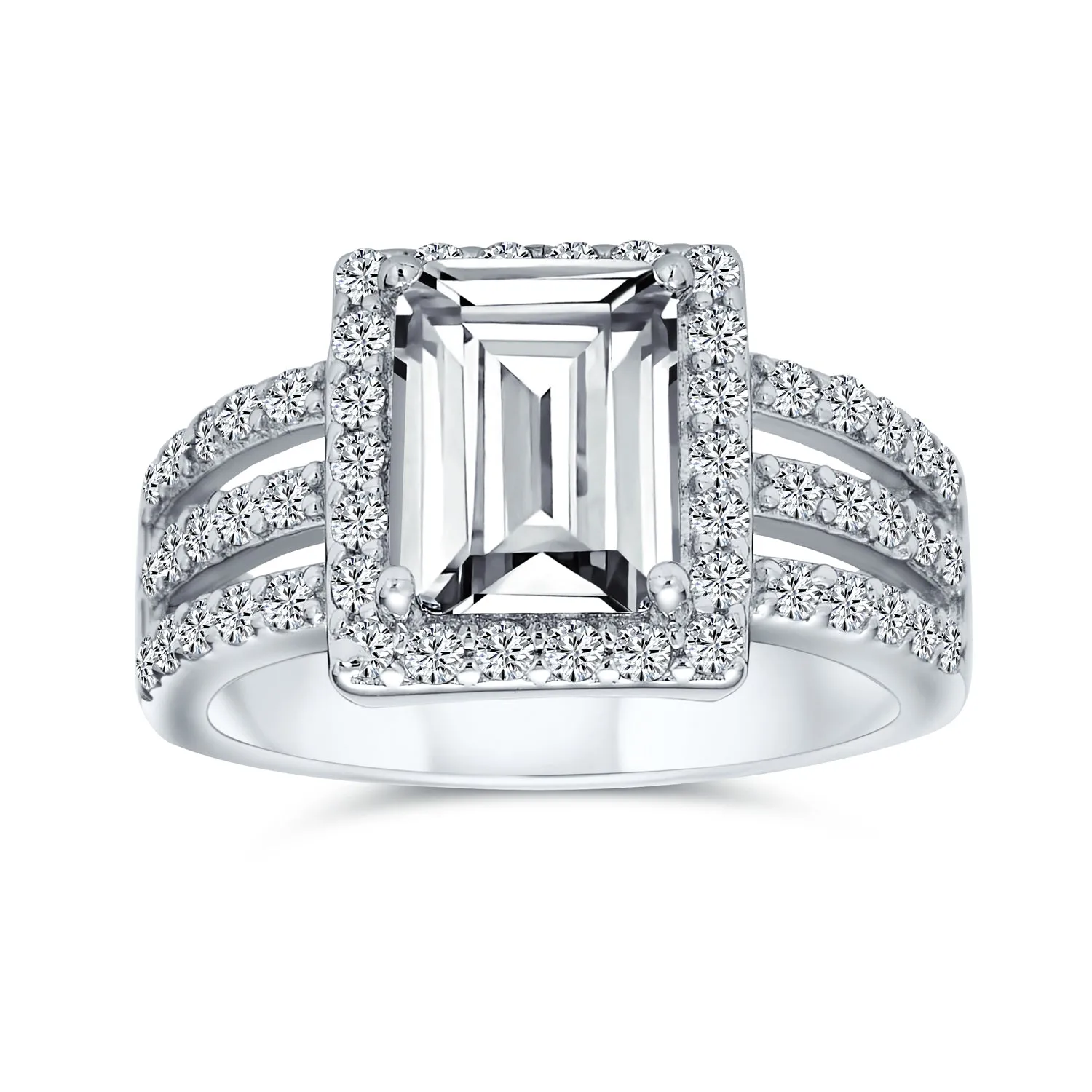 Art Deco 3CTW Emerald Cut Halo Engagement Ring, Sterling Silver Wide Band