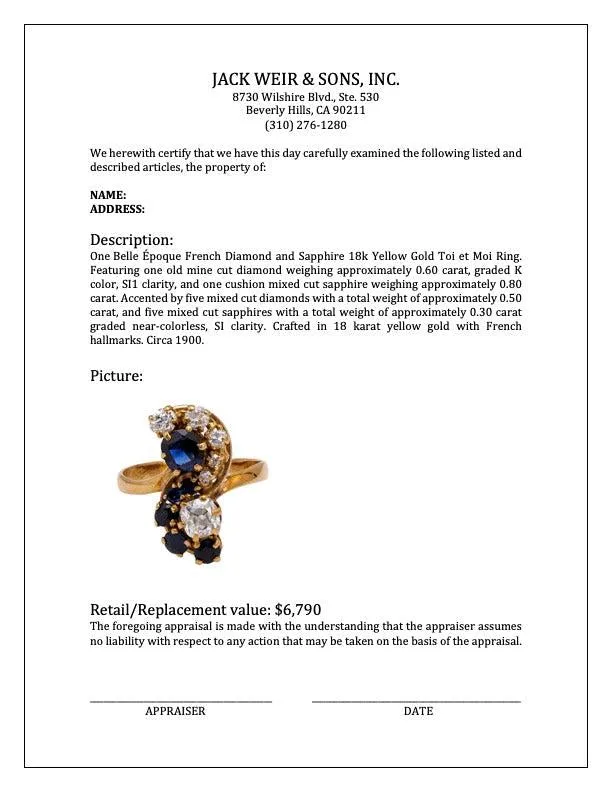 Belle Époque French Diamond and Sapphire 18k Yellow Gold Toi et Moi Ring