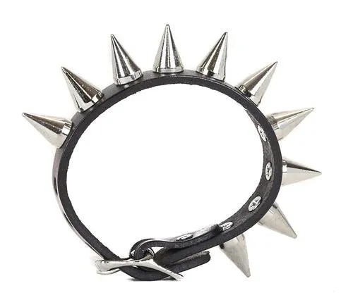 Black Leather Bracelet w/ Single Row of Silver Cone Spikes