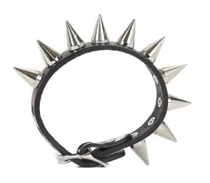 Black Leather Bracelet w/ Single Row of Silver Cone Spikes