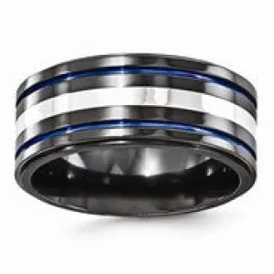 Black Titanium with Sterling Silver & Grooved Blue Anodized 10mm, Size 10