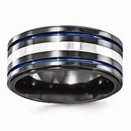 Black Titanium with Sterling Silver & Grooved Blue Anodized 10mm, Size 10