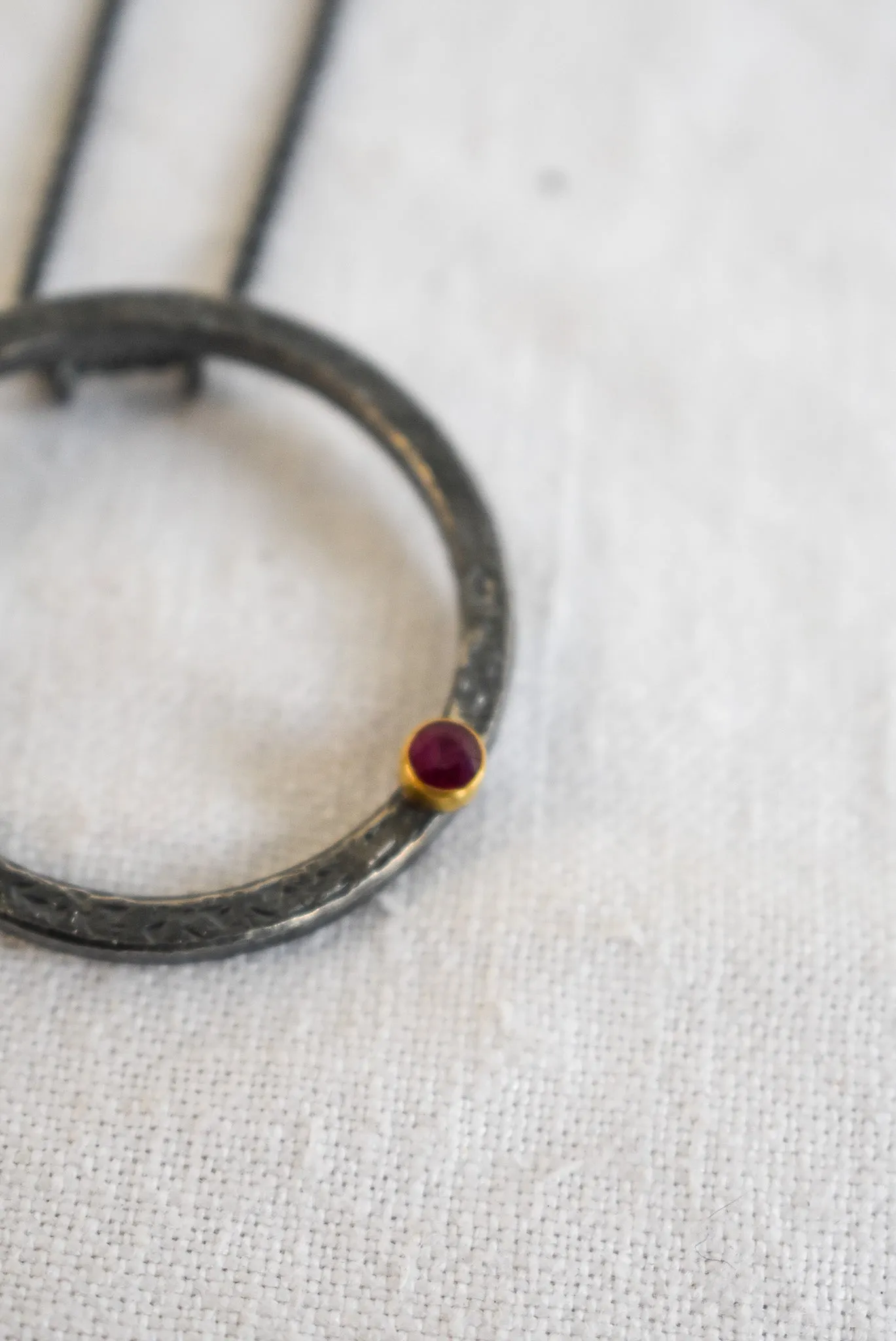 Bob Wyber Silver   22ct Gold set ruby small circle necklace