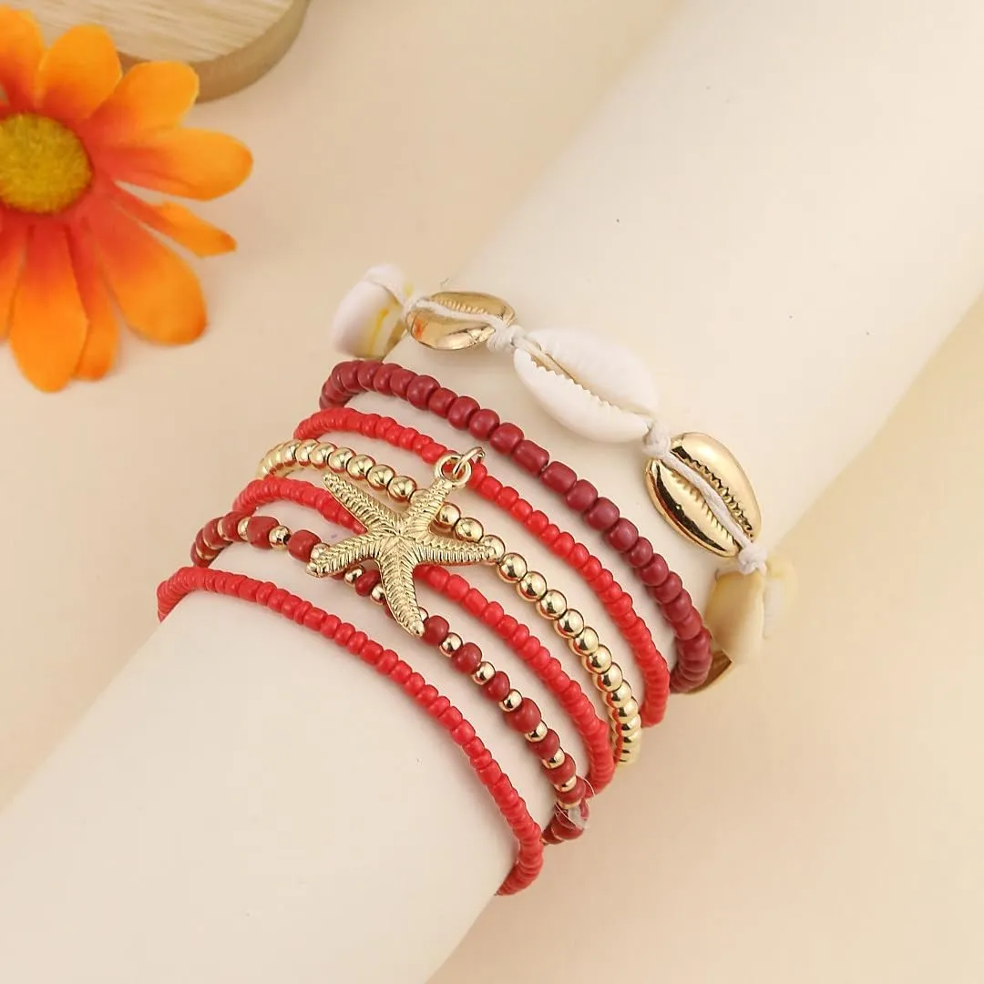 Bohemian Starfish Bracelets for Women - Adjustable Stackable Beach Bracelets, Handmade Stretchy Beaded Summer Jewelry, Perfect for Surf & Waterproof Fun