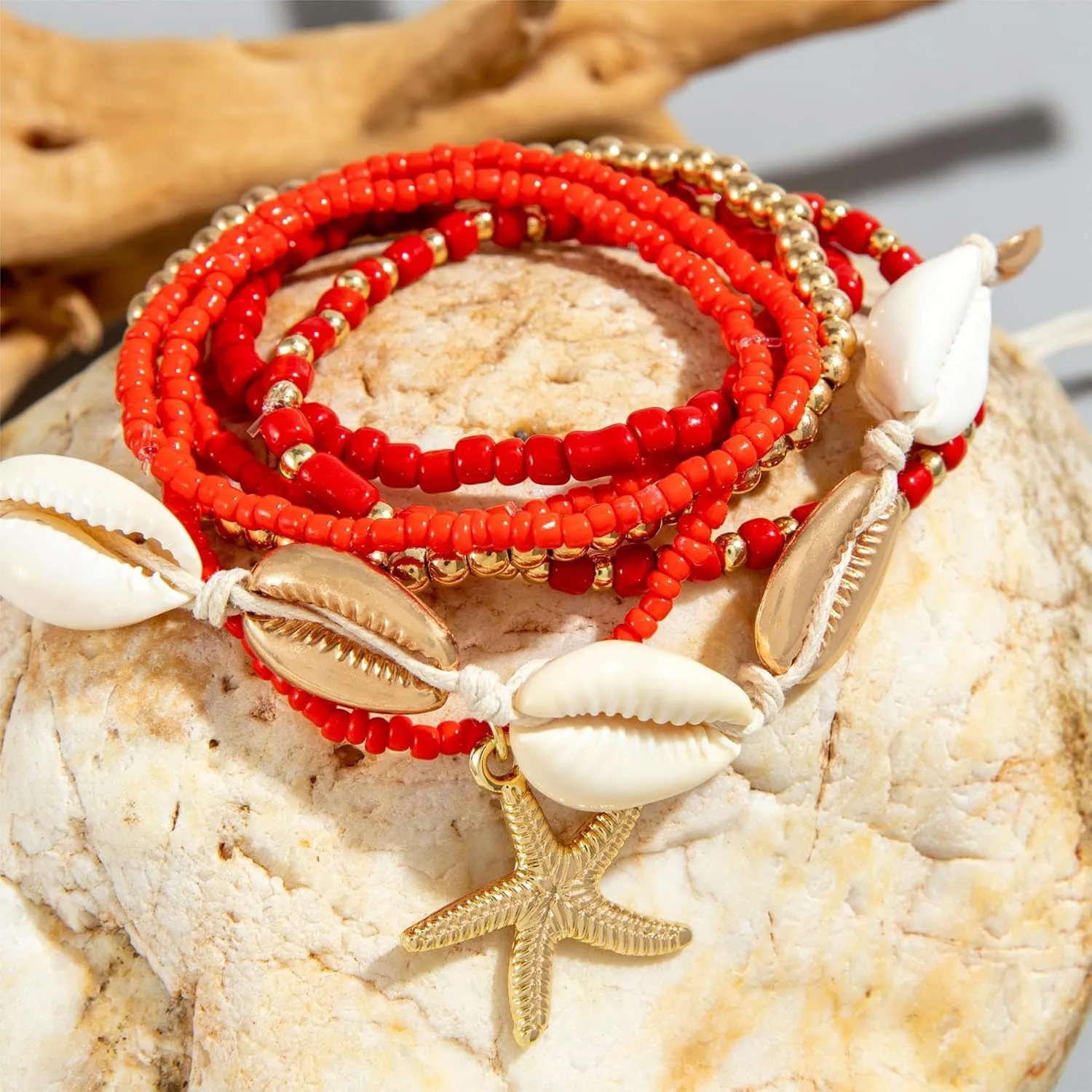 Bohemian Starfish Bracelets for Women - Adjustable Stackable Beach Bracelets, Handmade Stretchy Beaded Summer Jewelry, Perfect for Surf & Waterproof Fun