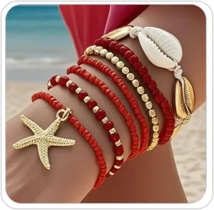 Bohemian Starfish Bracelets for Women - Adjustable Stackable Beach Bracelets, Handmade Stretchy Beaded Summer Jewelry, Perfect for Surf & Waterproof Fun