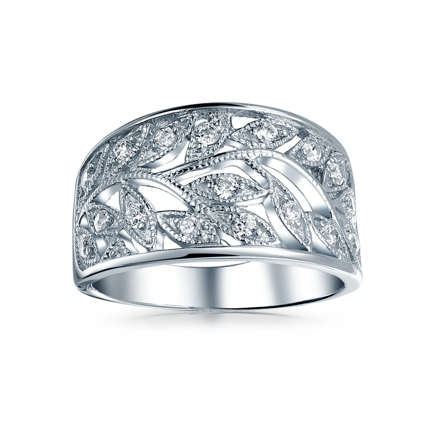 Boho Pave Cubic Zirconia Silver Ring with Open Filigree Leaf Design