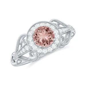 Certified Vintage Style Morganite Engagement Ring with Diamond
