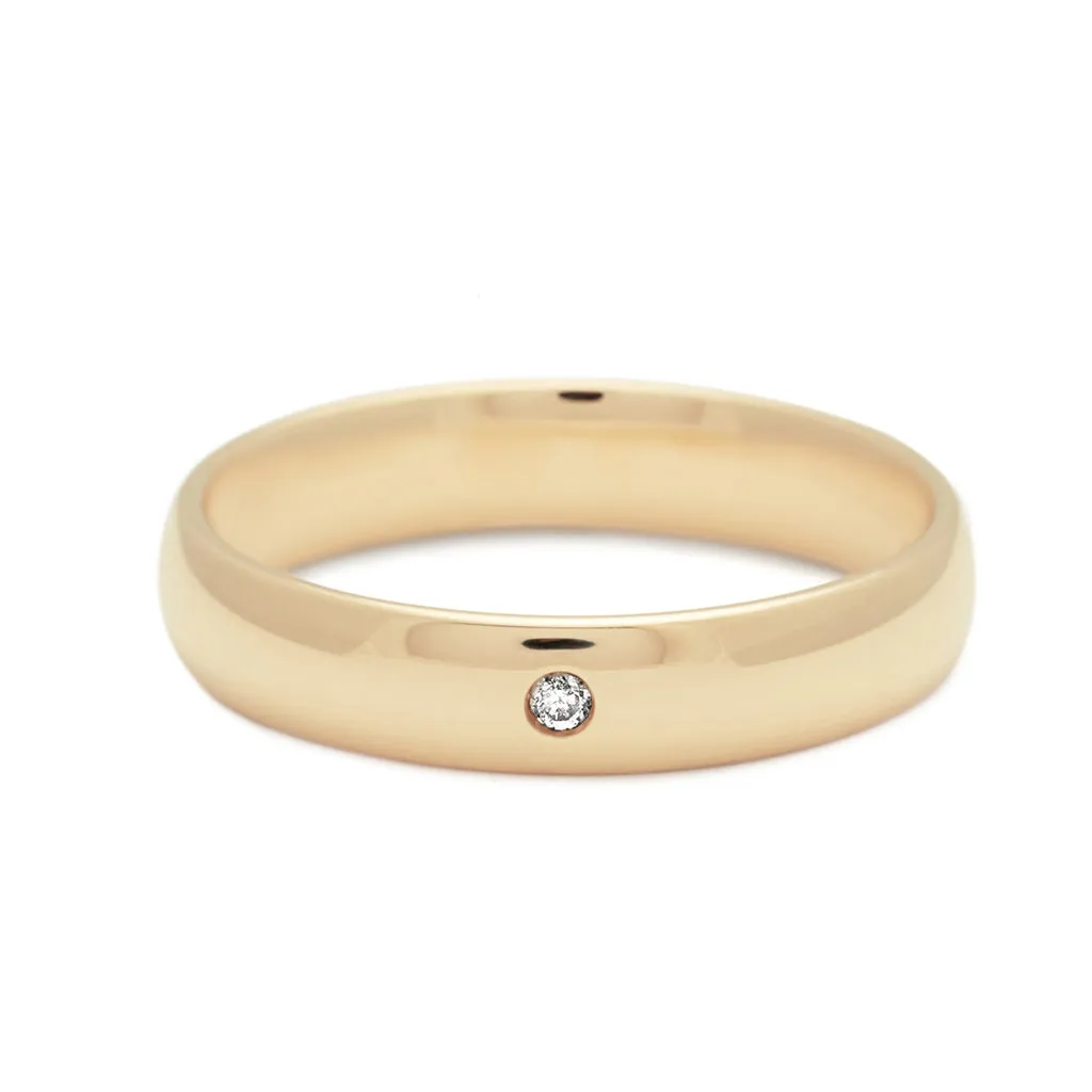 Classic Half Round Band with Diamond Accent - 14k Gold & White Diamond, Comfort Fit, 4mm