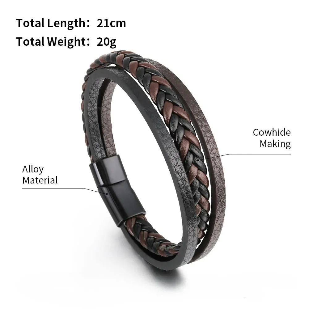 Classic Multilayer Braided Genuine Leather Bracelet (Brown)