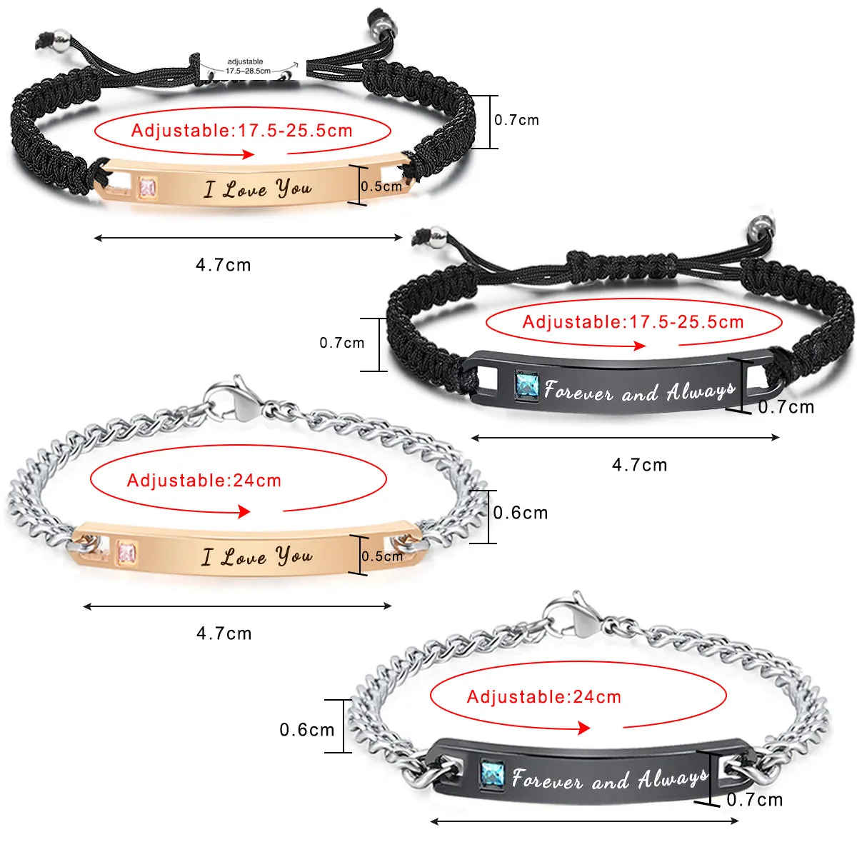 Custom Couple Bracelets, Engraved Personalized Couples Bracelets for Him Her-Black