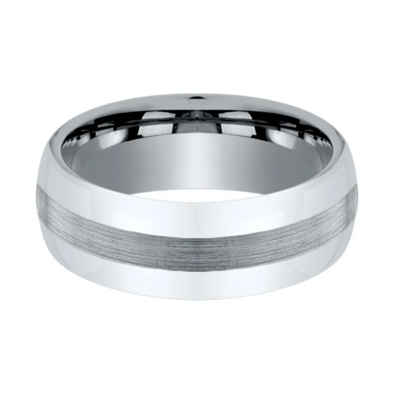 DEFIANCE | Silver Tungsten Ring, Brushed Stripe Center, Domed