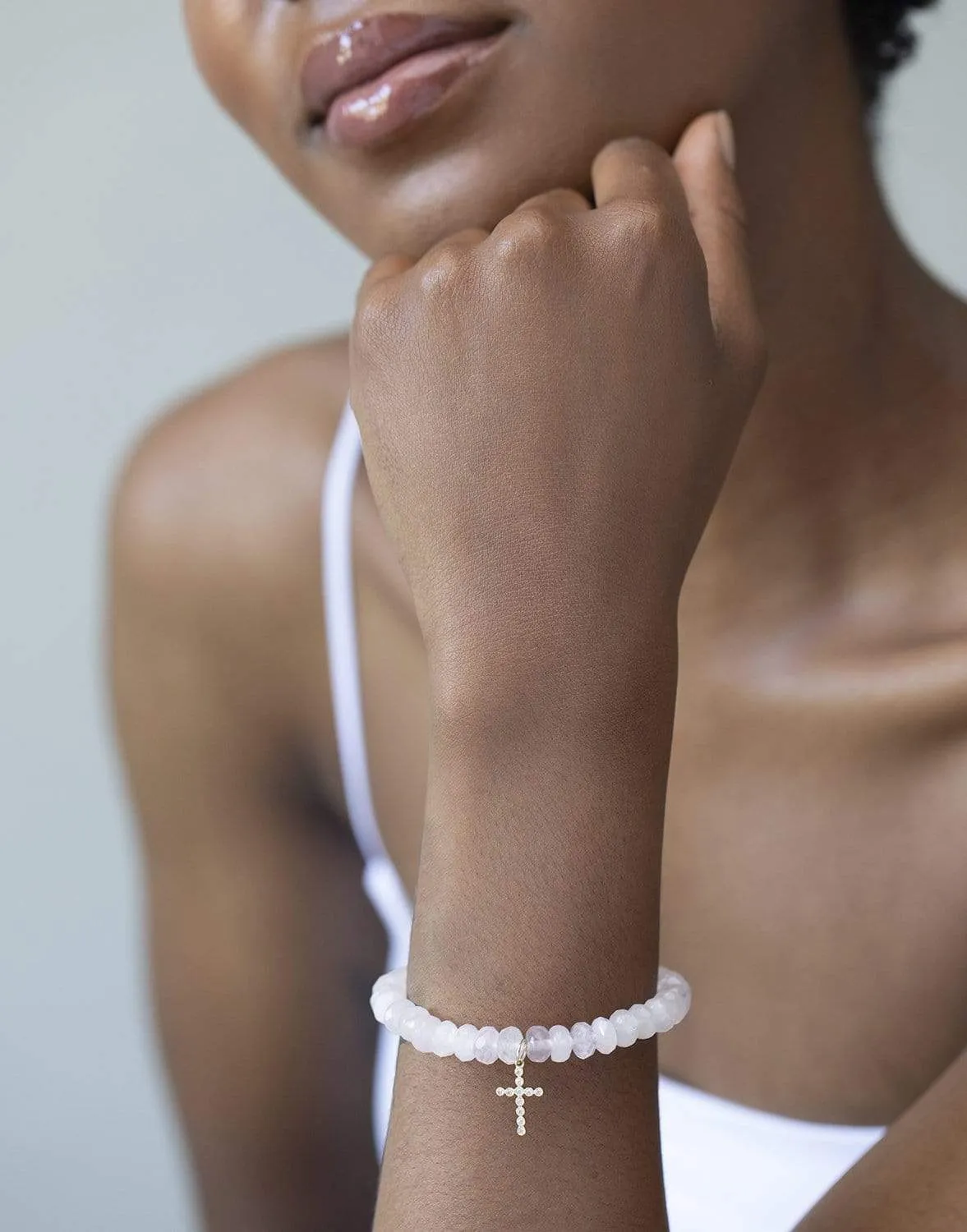 Diamond Cross Rose Quartz Bracelet