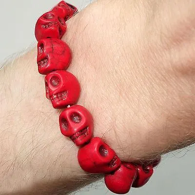 Elastic Red Skull Charm Bead Bracelet Wristband Bangle Mens Womens Boy Girl Kids