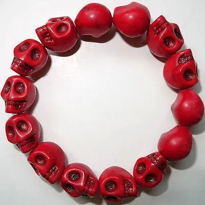 Elastic Red Skull Charm Bead Bracelet Wristband Bangle Mens Womens Boy Girl Kids