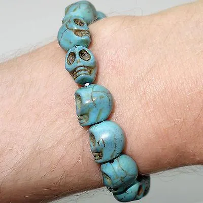 Elastic Turquoise Skull Charm Bead Bracelet Wristband Bangle Ladies Womens Girls