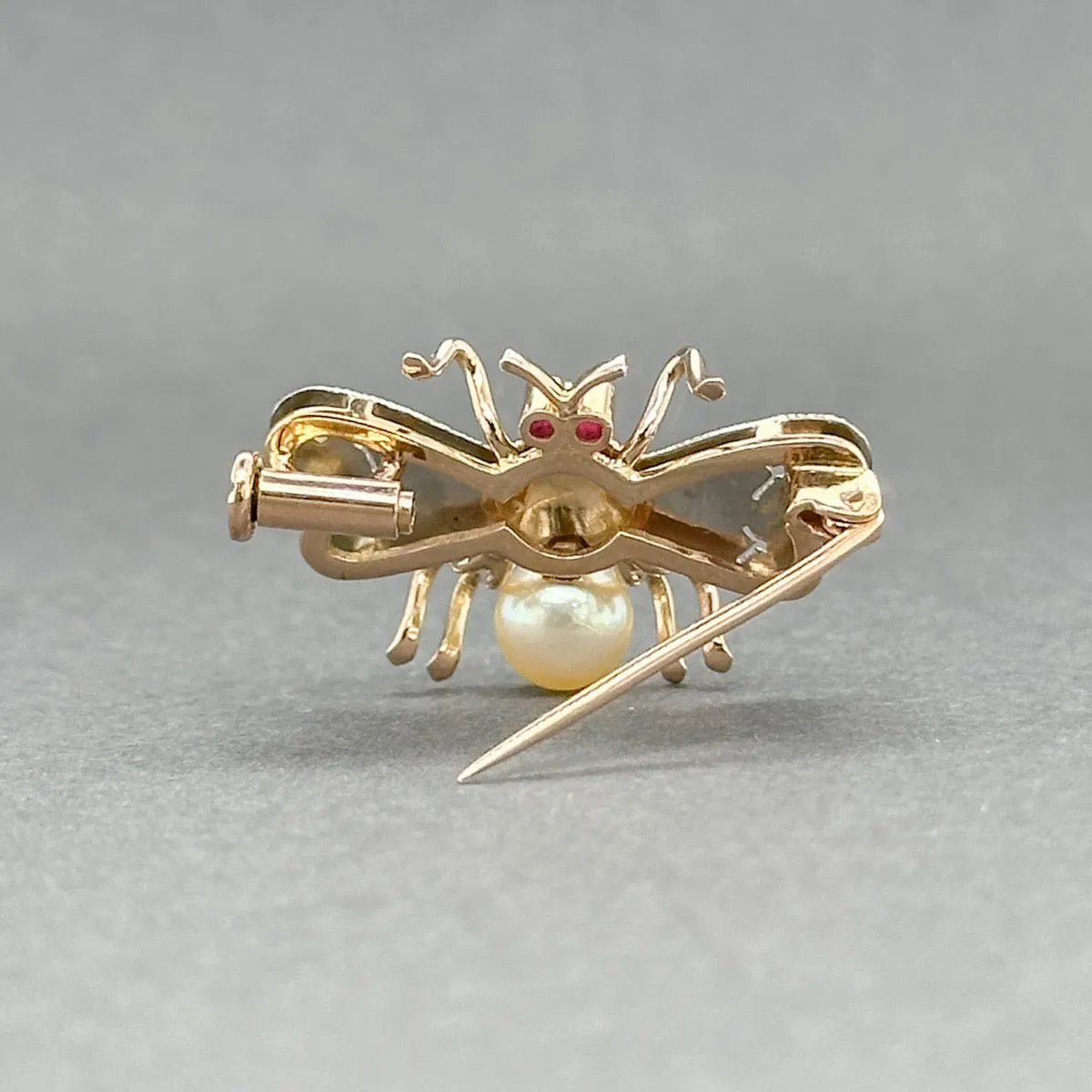Estate Retro 17K TT Gold 0.04ctw Lab Ruby & 0.01ctw H-I/SI1-2 Diamond Bee Pin