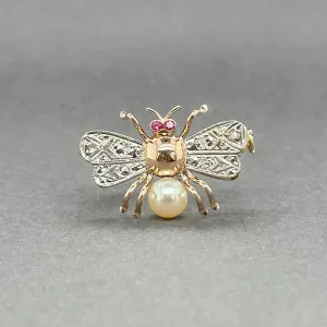 Estate Retro 17K TT Gold 0.04ctw Lab Ruby & 0.01ctw H-I/SI1-2 Diamond Bee Pin