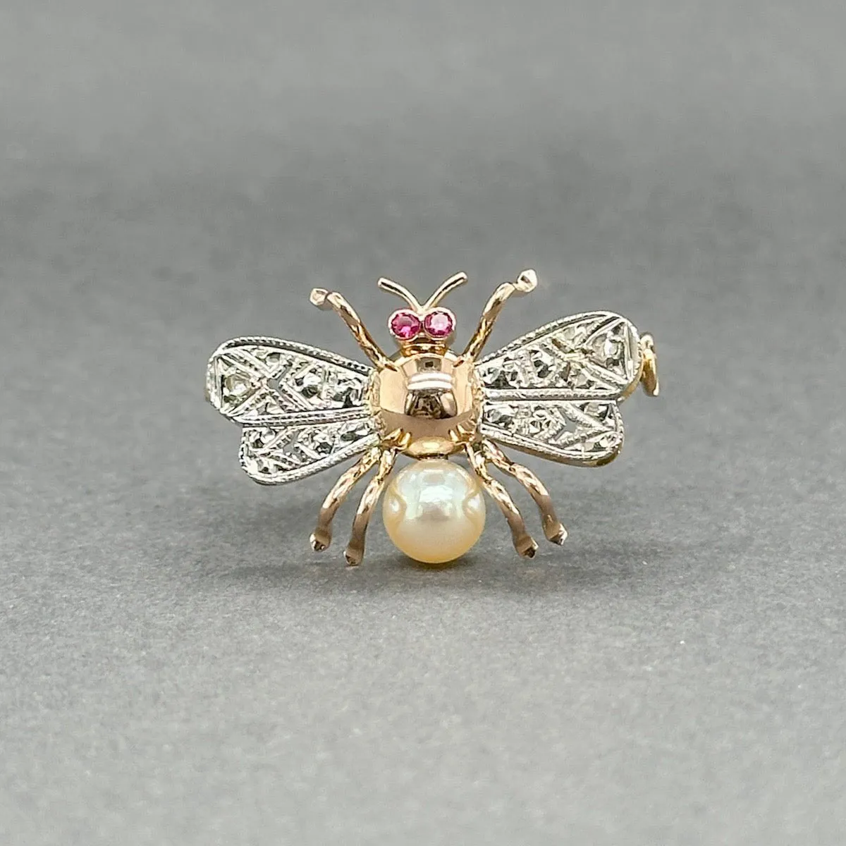 Estate Retro 17K TT Gold 0.04ctw Lab Ruby & 0.01ctw H-I/SI1-2 Diamond Bee Pin