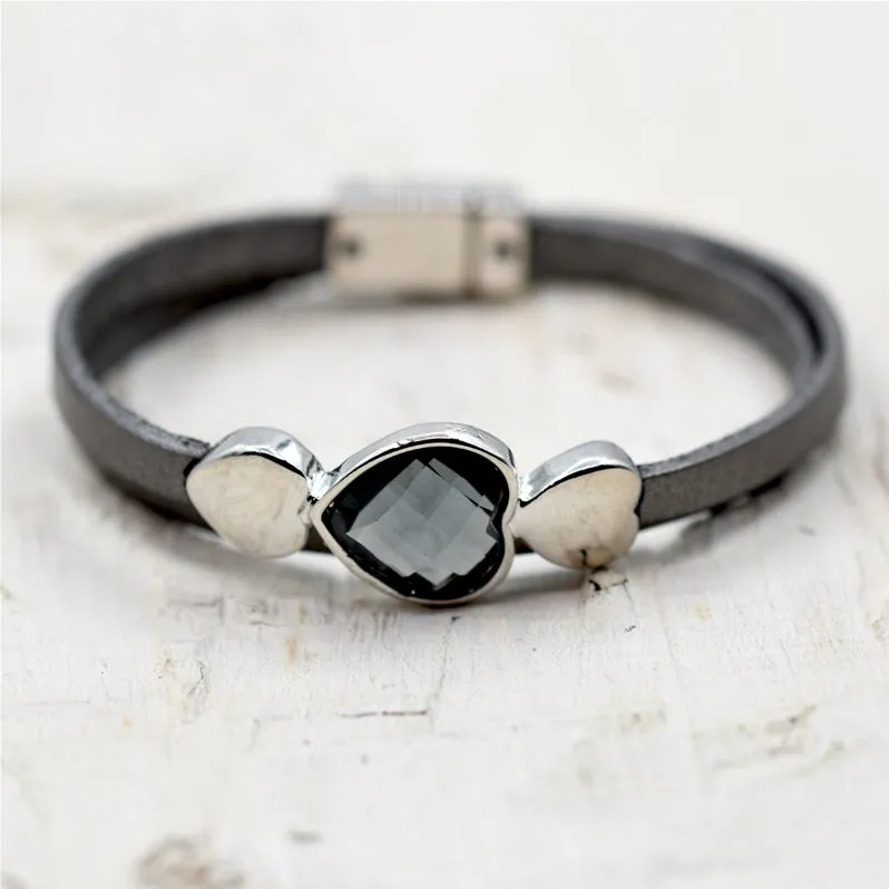 Facetted heart stone on wraparound leather bracelet