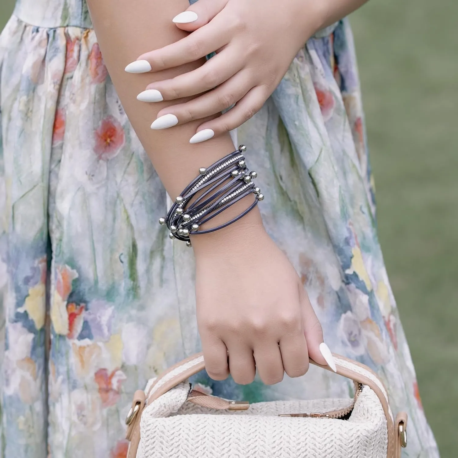 FANCY SHINY Leather Beaded Bracelet Boho Wrap Bracelets Gothic Jewelry Stackable Goth Bracelets with Magnetic Clasp