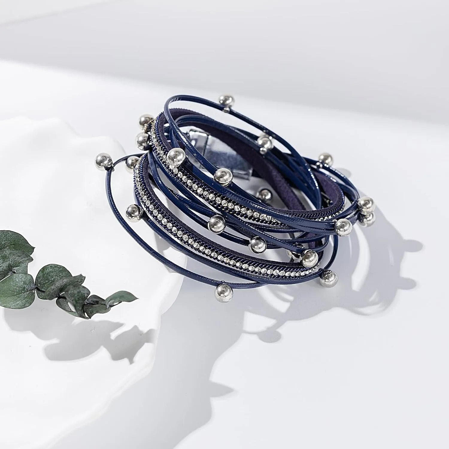 FANCY SHINY Leather Beaded Bracelet Boho Wrap Bracelets Gothic Jewelry Stackable Goth Bracelets with Magnetic Clasp