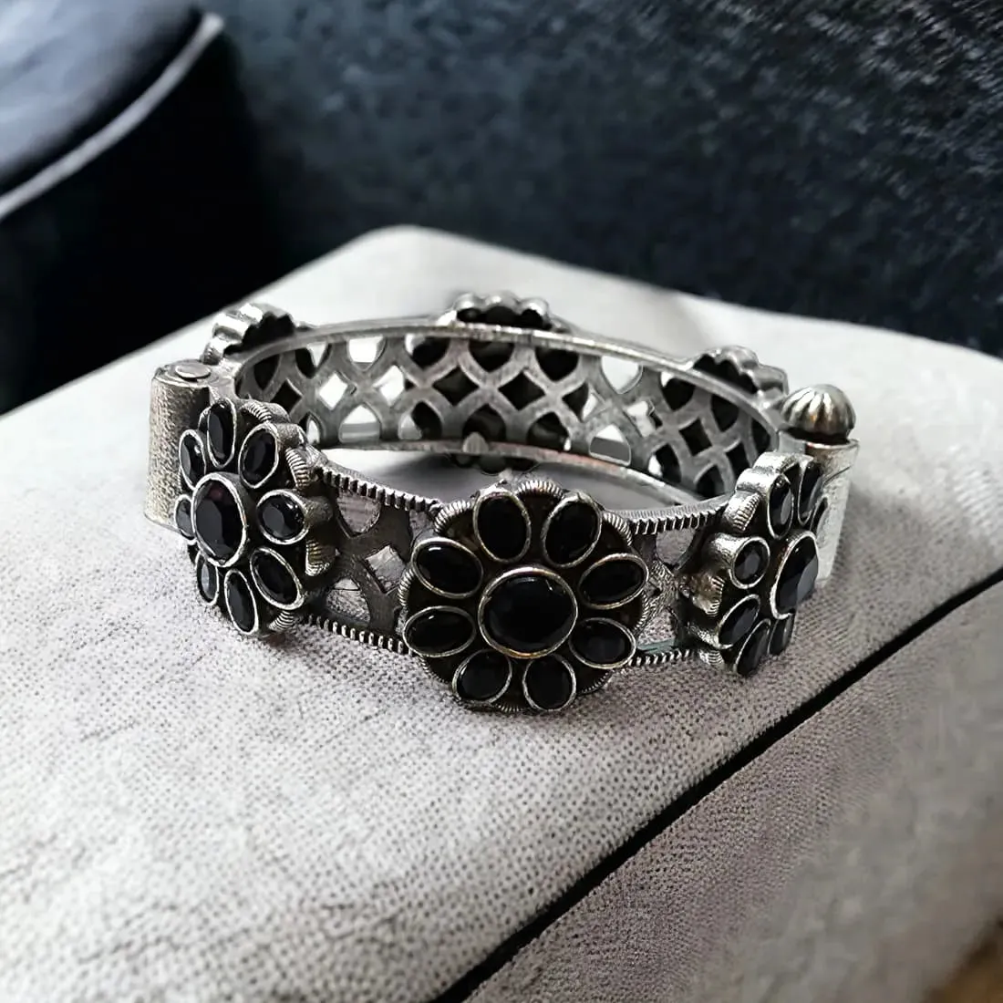 Floral Silver Lookalike Kada Bangle, Black