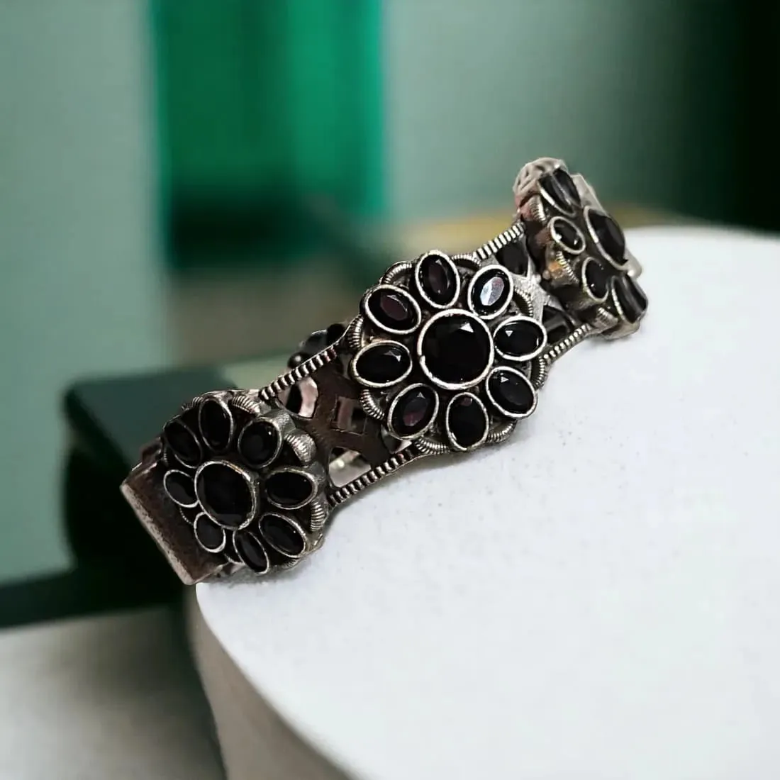 Floral Silver Lookalike Kada Bangle, Black