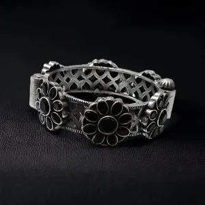 Floral Silver Lookalike Kada Bangle, Black
